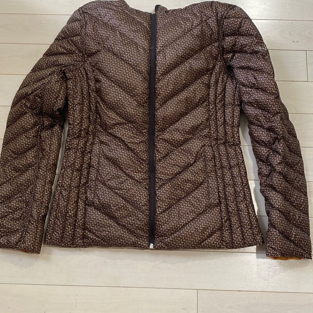 Michael Kors Womens Reversible Printed Nylon Packable Puffer Jacket Brown Small